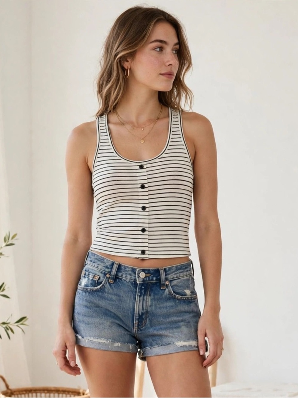 Caution To The Wind Tank XS Ivory Black Stripe Racerback Button Front Rayon